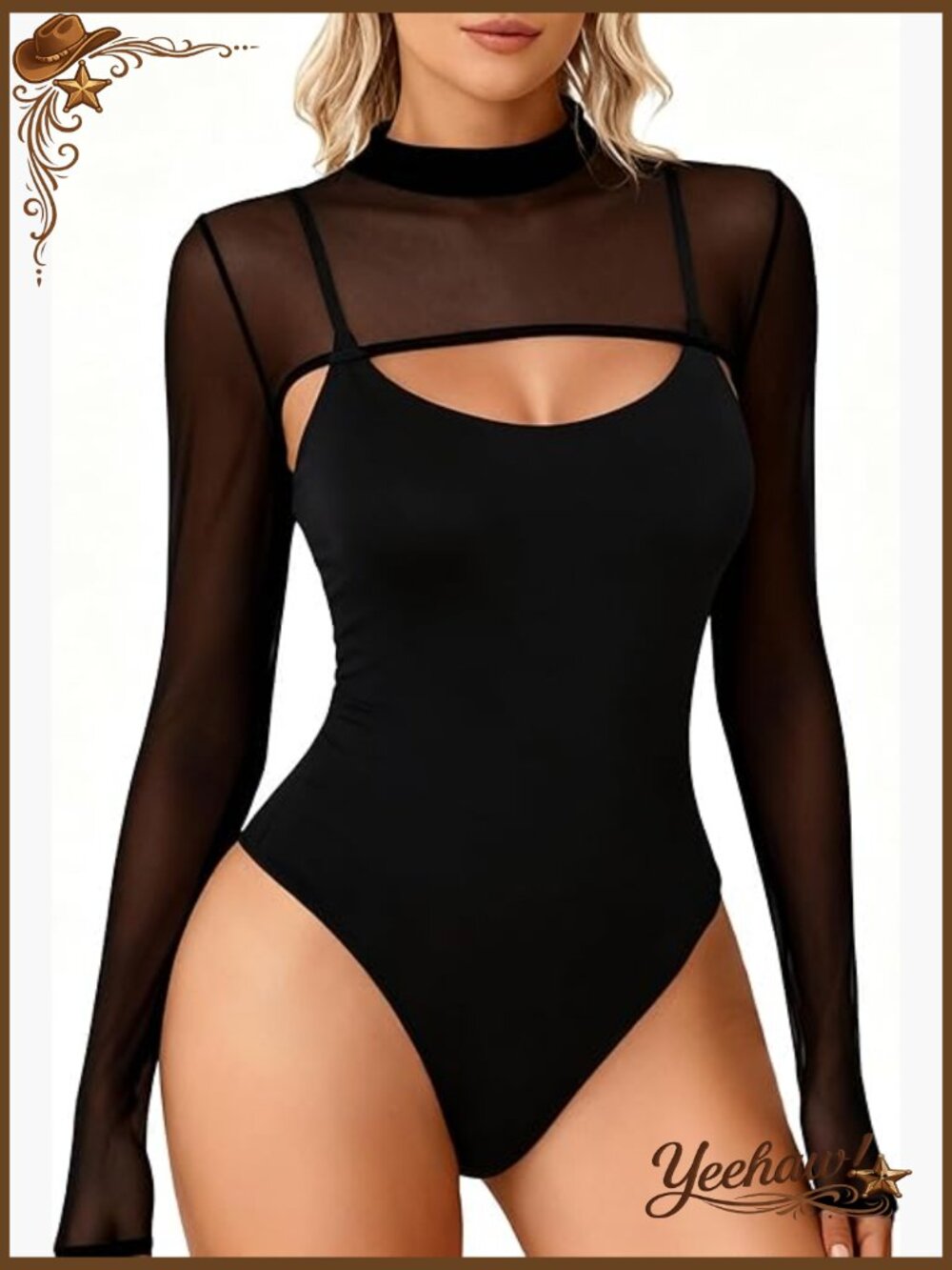 Mesh Long Sleeve Bodysuit with Cami Top, Thong Back, Snap Buttons